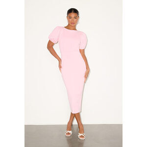 Lulus Simply Beloved Light Pink Puff Sleeve Bodycon Midi Dress - Size L